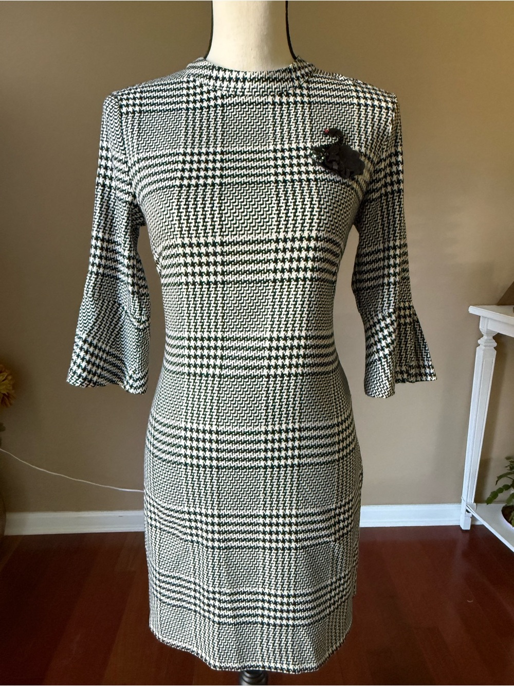 H&M Black and White Plaid Midi Dress with Bell Sleeves